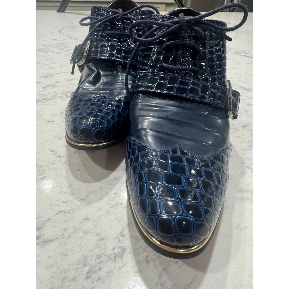 Kuuncce Mens Navy Blue Croc Embossed Buckle Dress Shoes Block Heel Size 250 JP 7